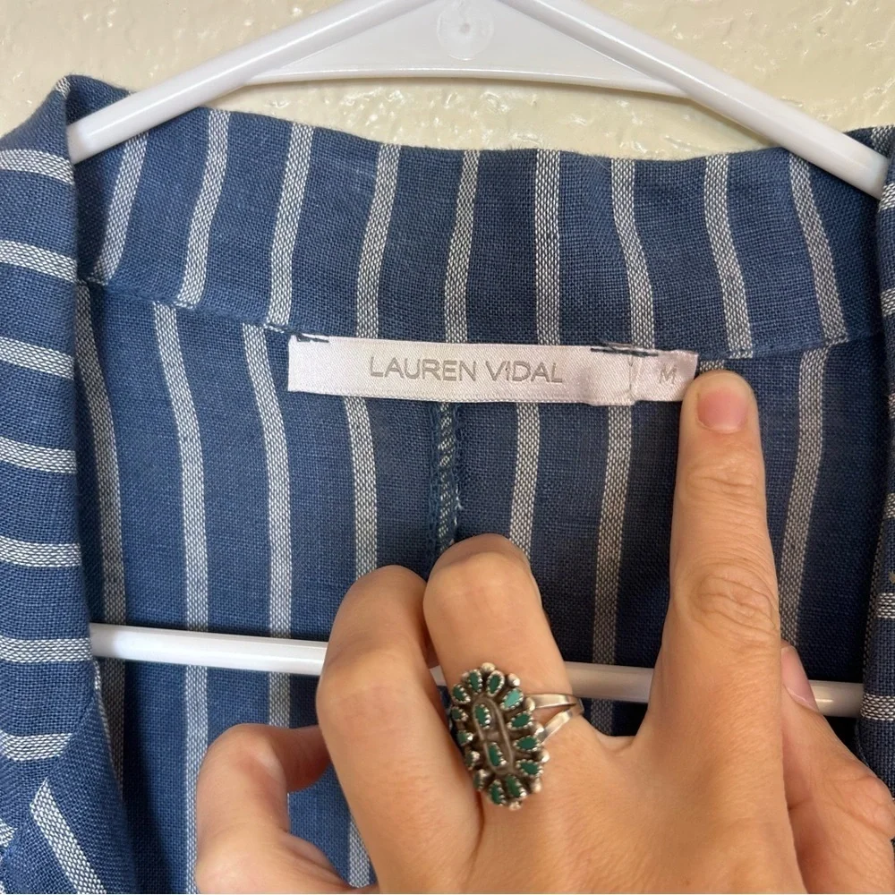 Lauren Vidal Blue and White Striped Linen Blazer Medium Coastal Chic Lightweight
